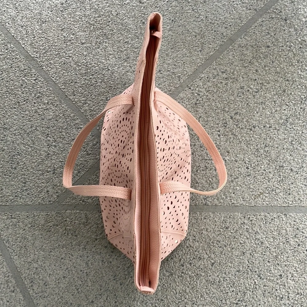 Metallic rose gold blush pink laser cut zip closure large tote bag